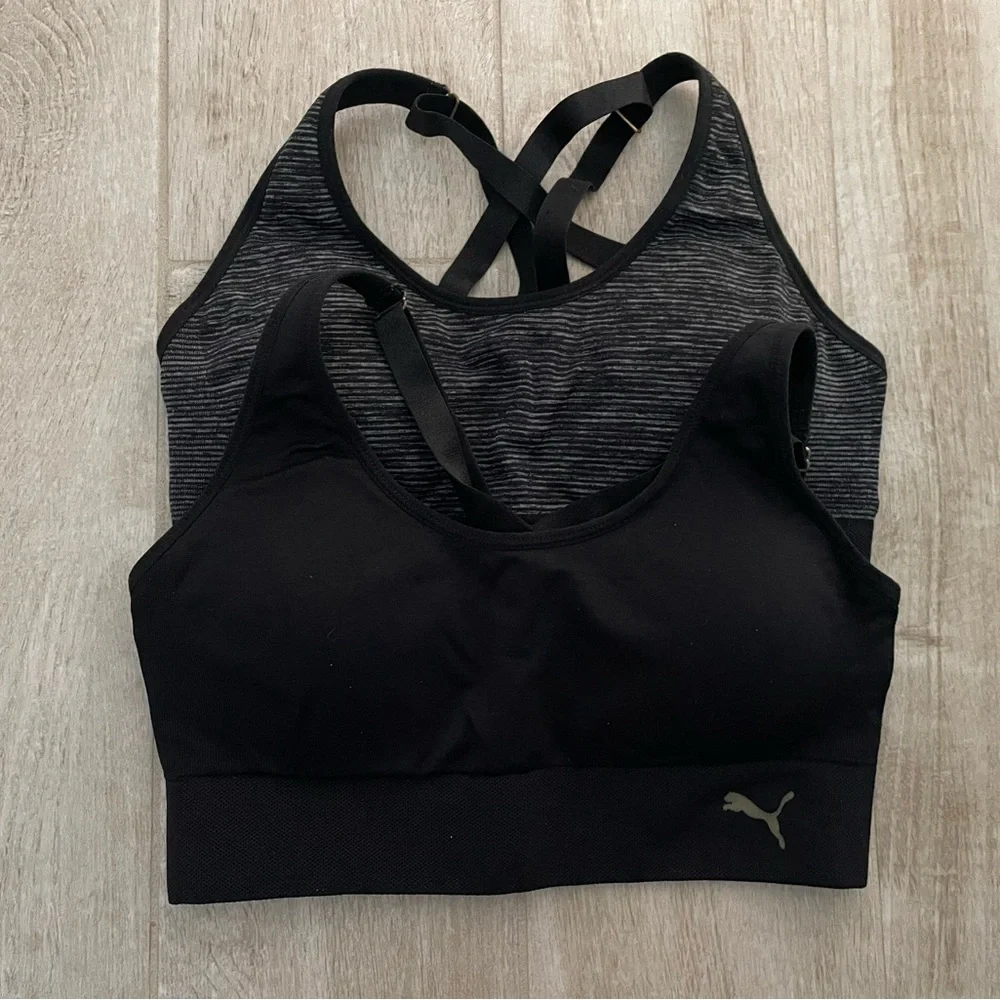 Puma Women’s Black & Black Stripe Padded Sports Bra, Size M - Picture 3 of 6